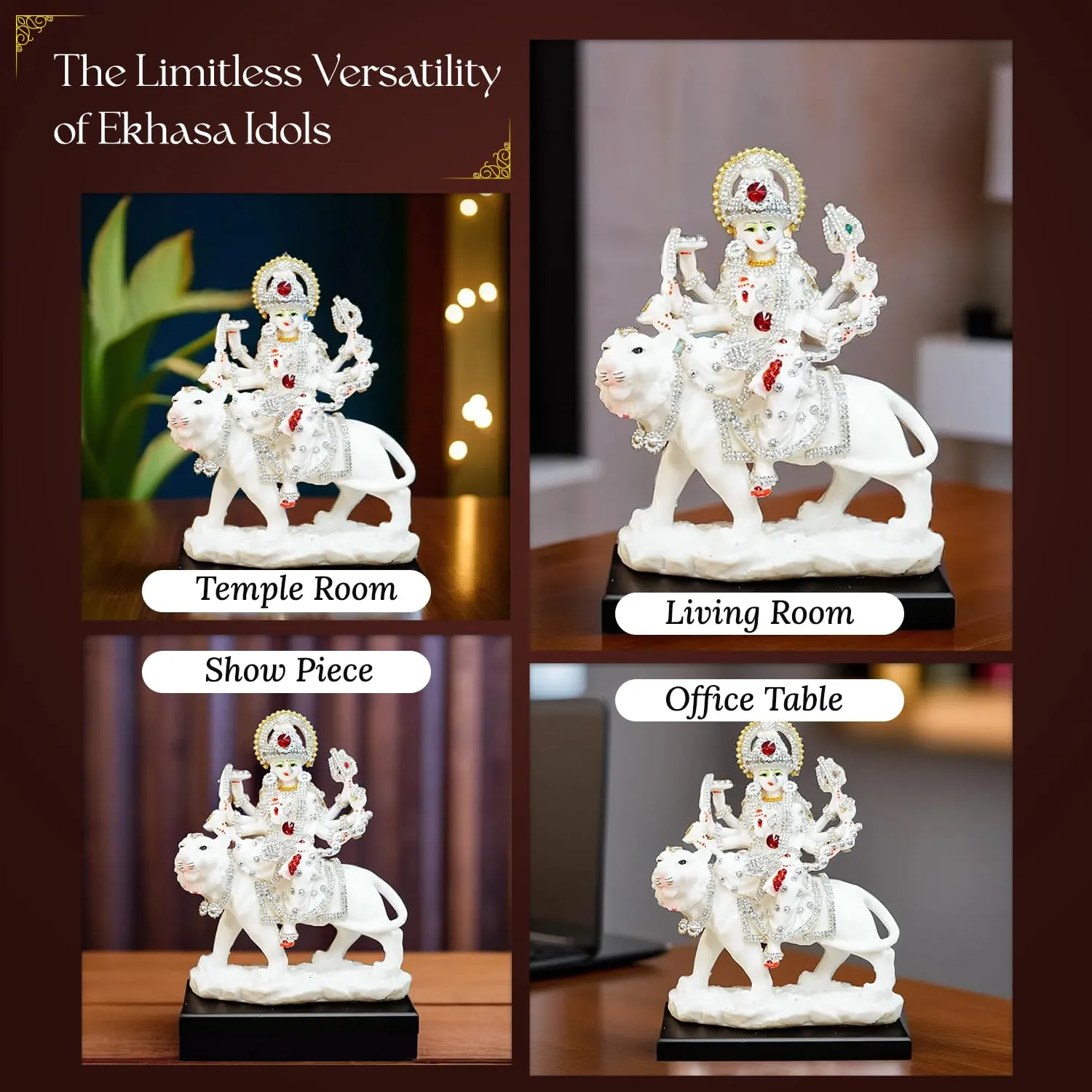 Ekhasa Aura Series Marble Dust Durga Maa Idol (8 inch, Medium Size) | Gemstone Zircon Studded Durga MATA Murti for Home Decor, Puja | Resin MATA Rani Murti | Maa Durga Murti