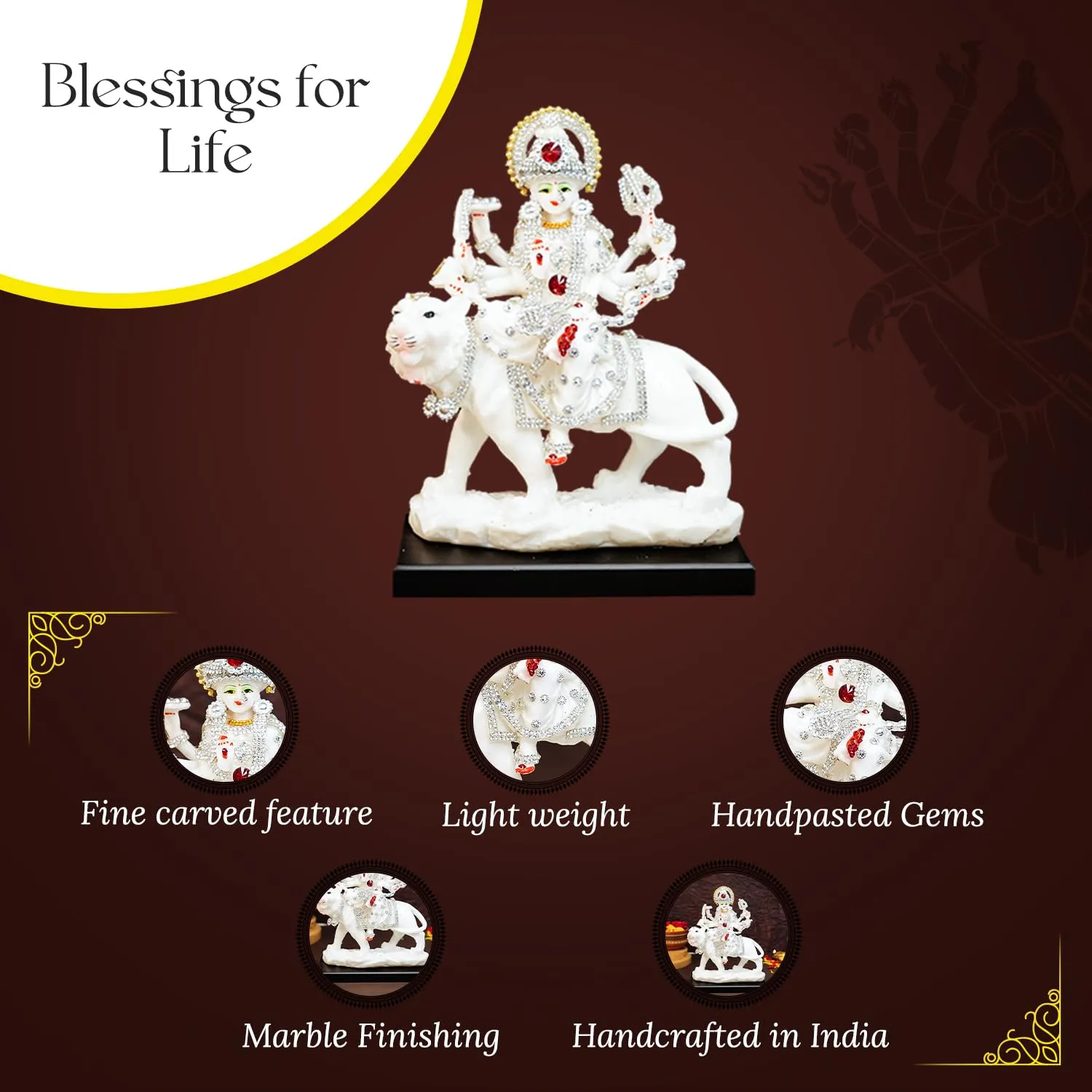 Ekhasa Aura Series Marble Dust Durga Maa Idol (8 inch, Medium Size) | Gemstone Zircon Studded Durga MATA Murti for Home Decor, Puja | Resin MATA Rani Murti | Maa Durga Murti