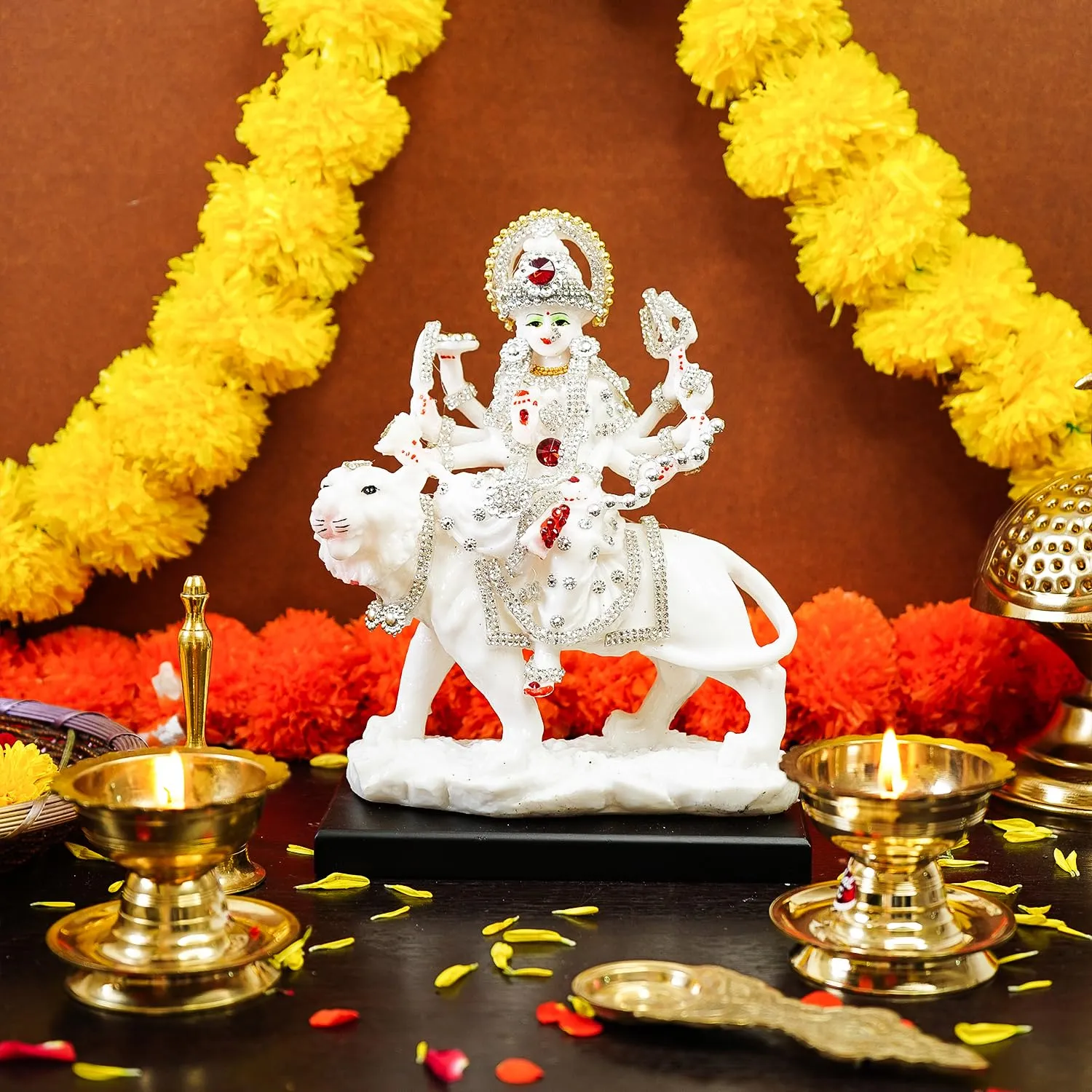 Ekhasa Aura Series Marble Dust Durga Maa Idol (8 inch, Medium Size) | Gemstone Zircon Studded Durga MATA Murti for Home Decor, Puja | Resin MATA Rani Murti | Maa Durga Murti