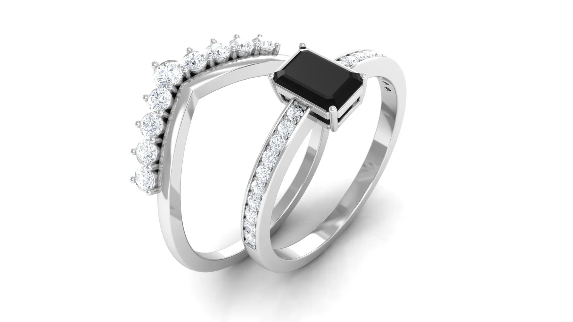 Emerald Cut Created Black Diamond and Diamond Engagement Ring Set