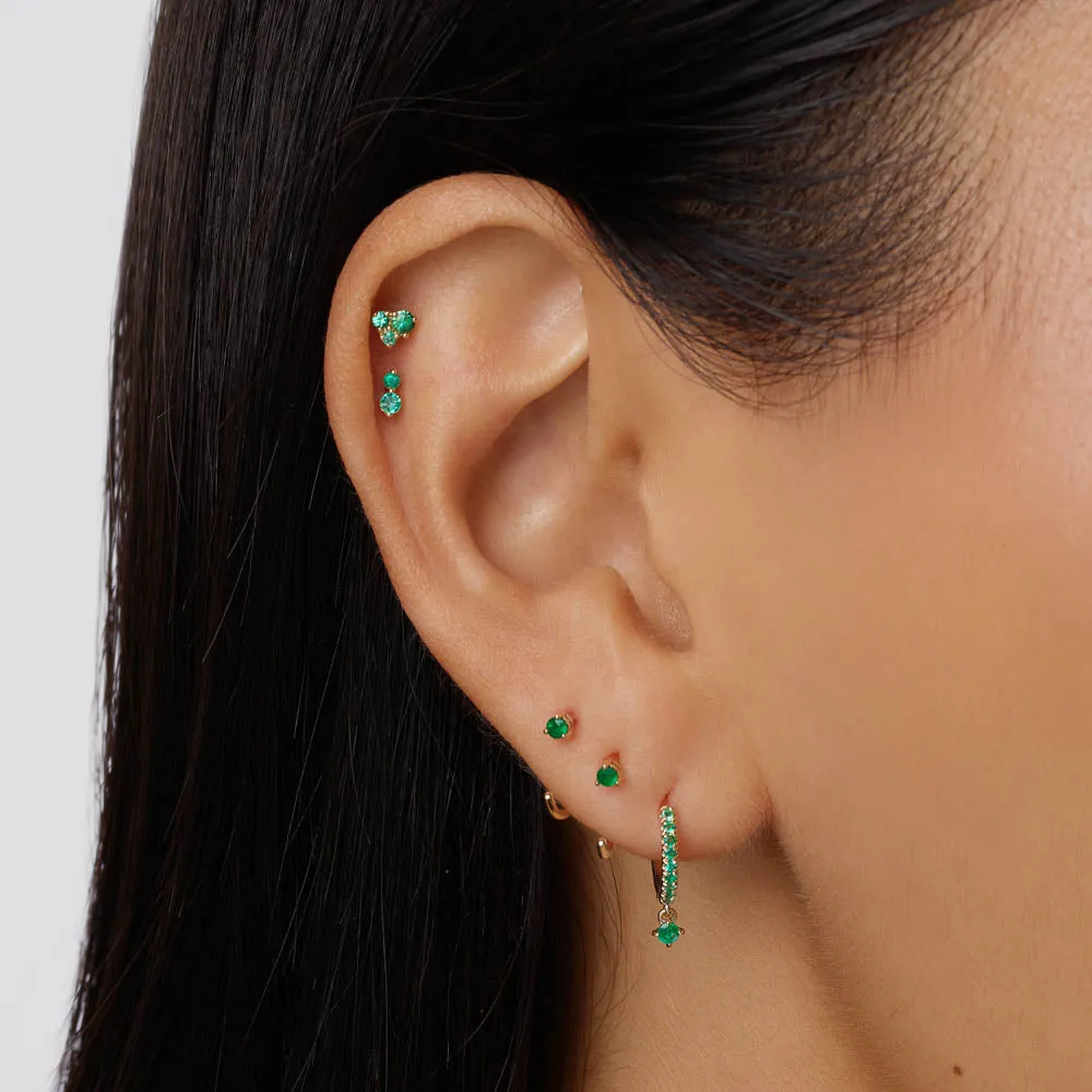 Emerald Twin Cluster Helix Single Stud Earring in 10k Gold