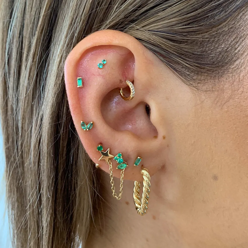 Emerald Twin Cluster Helix Single Stud Earring in 10k Gold