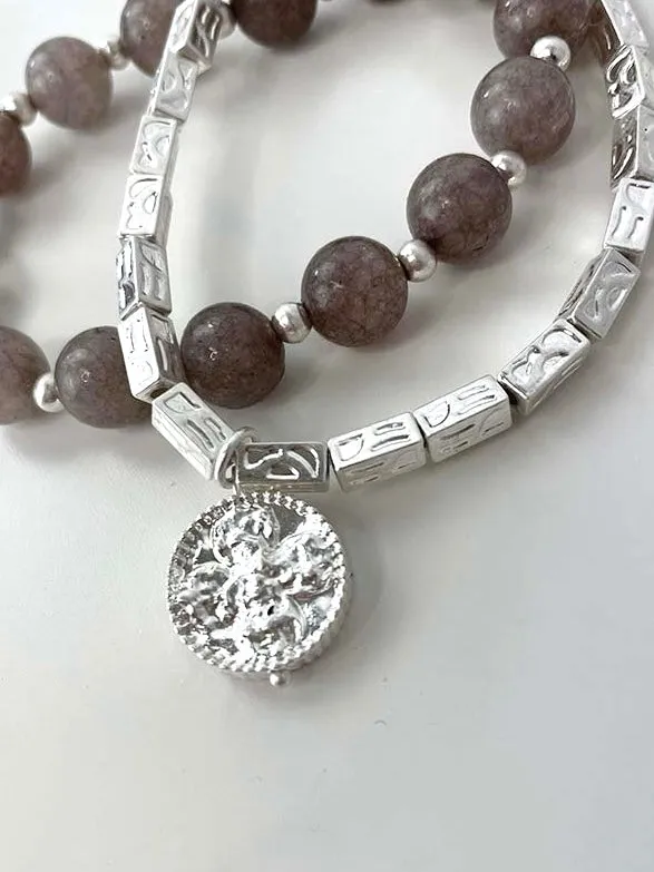 Envy Double Strand Beaded Pendant Bracelet - Silver & Taupe