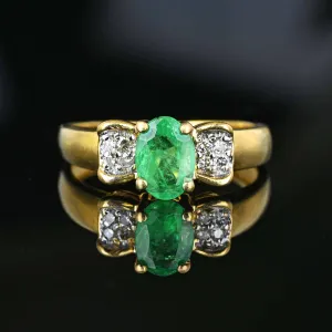 Estate Diamond Bow Natural Emerald Ring in 14K Gold