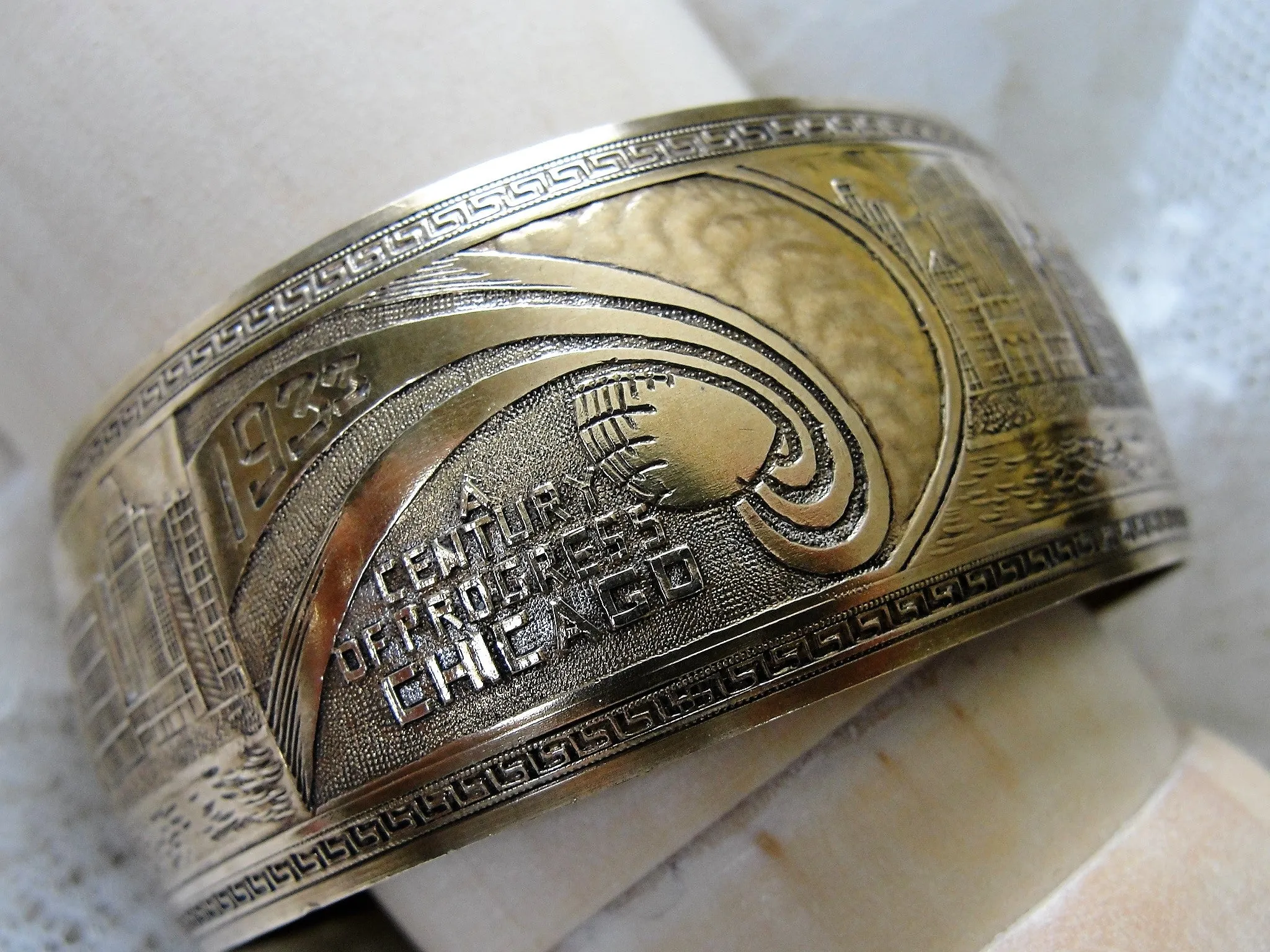 FABULOUS Art Deco Chicago Worlds Fair 1933 Cuff Bracelet,Deco Engraved Skyline, Zeppelins Blimps, A  Century of Progress Souvenir,Collectible