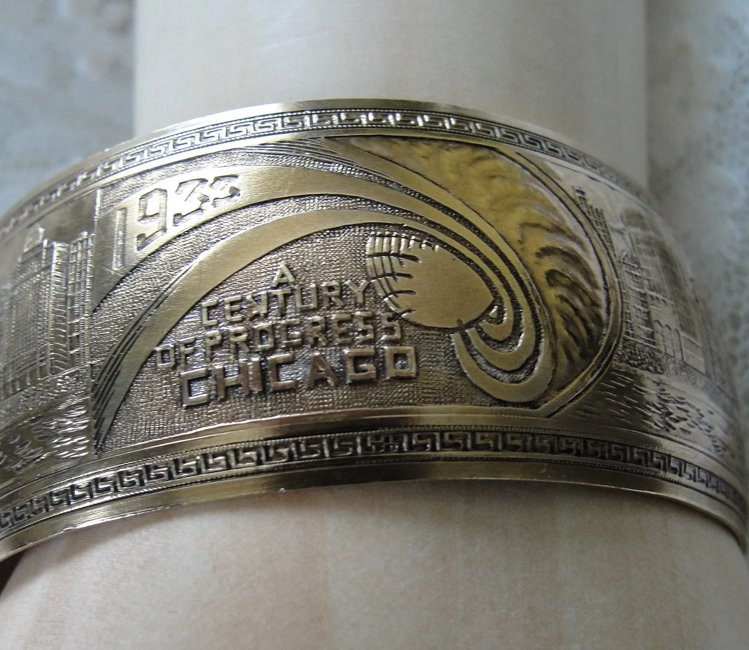 FABULOUS Art Deco Chicago Worlds Fair 1933 Cuff Bracelet,Deco Engraved Skyline, Zeppelins Blimps, A  Century of Progress Souvenir,Collectible