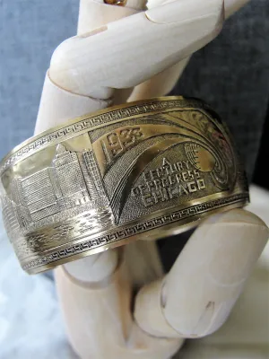 FABULOUS Art Deco Chicago Worlds Fair 1933 Cuff Bracelet,Deco Engraved Skyline, Zeppelins Blimps, A  Century of Progress Souvenir,Collectible