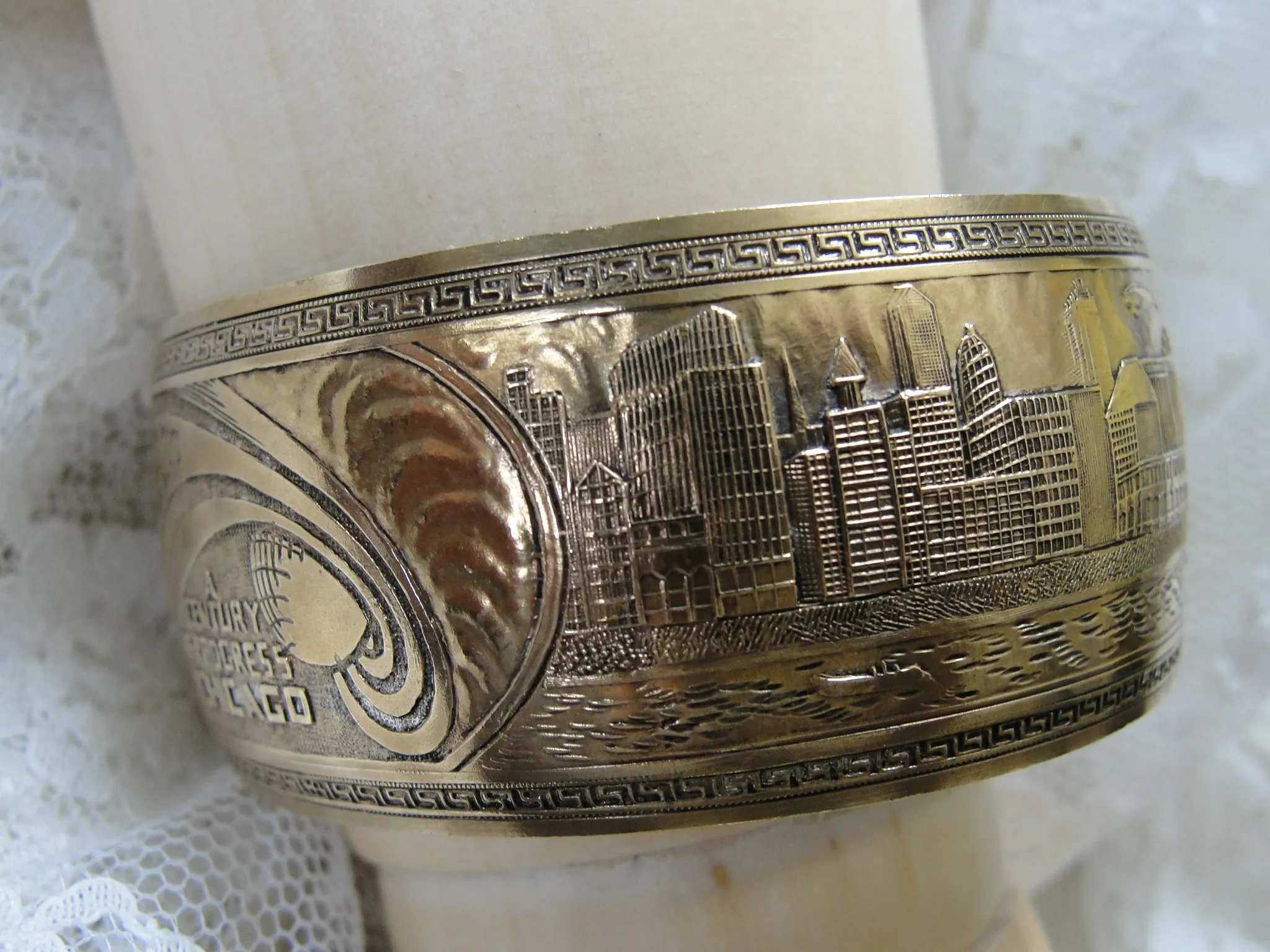 FABULOUS Art Deco Chicago Worlds Fair 1933 Cuff Bracelet,Deco Engraved Skyline, Zeppelins Blimps, A  Century of Progress Souvenir,Collectible