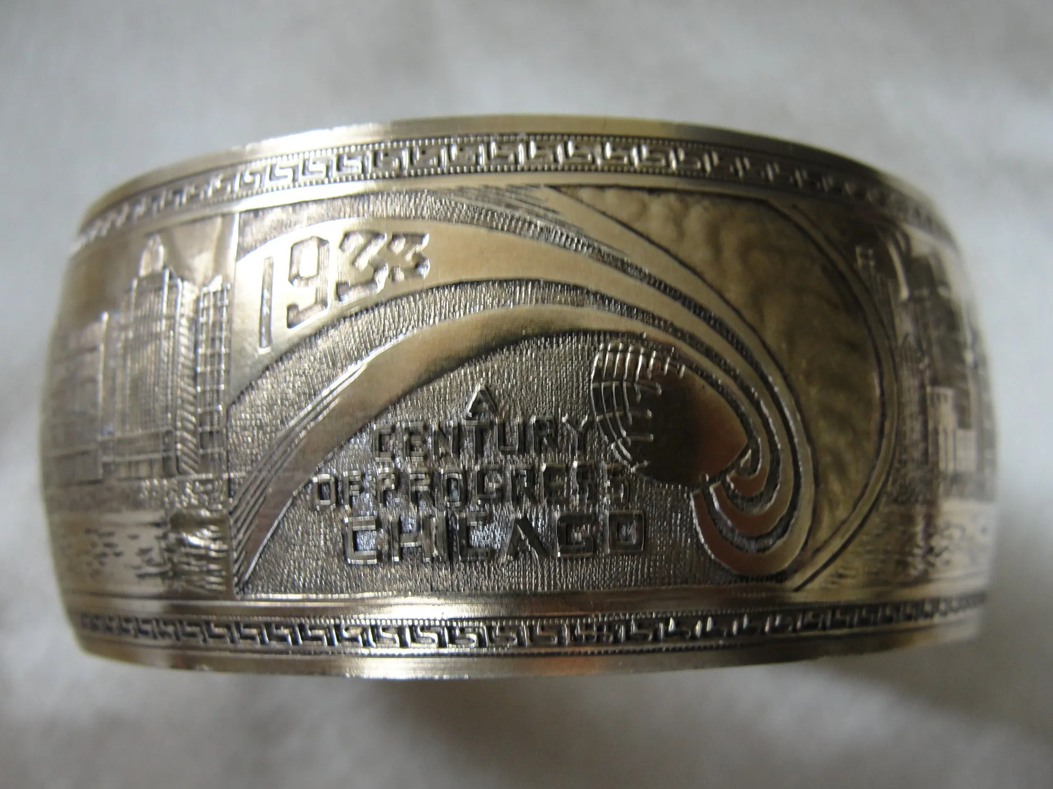 FABULOUS Art Deco Chicago Worlds Fair 1933 Cuff Bracelet,Deco Engraved Skyline, Zeppelins Blimps, A  Century of Progress Souvenir,Collectible