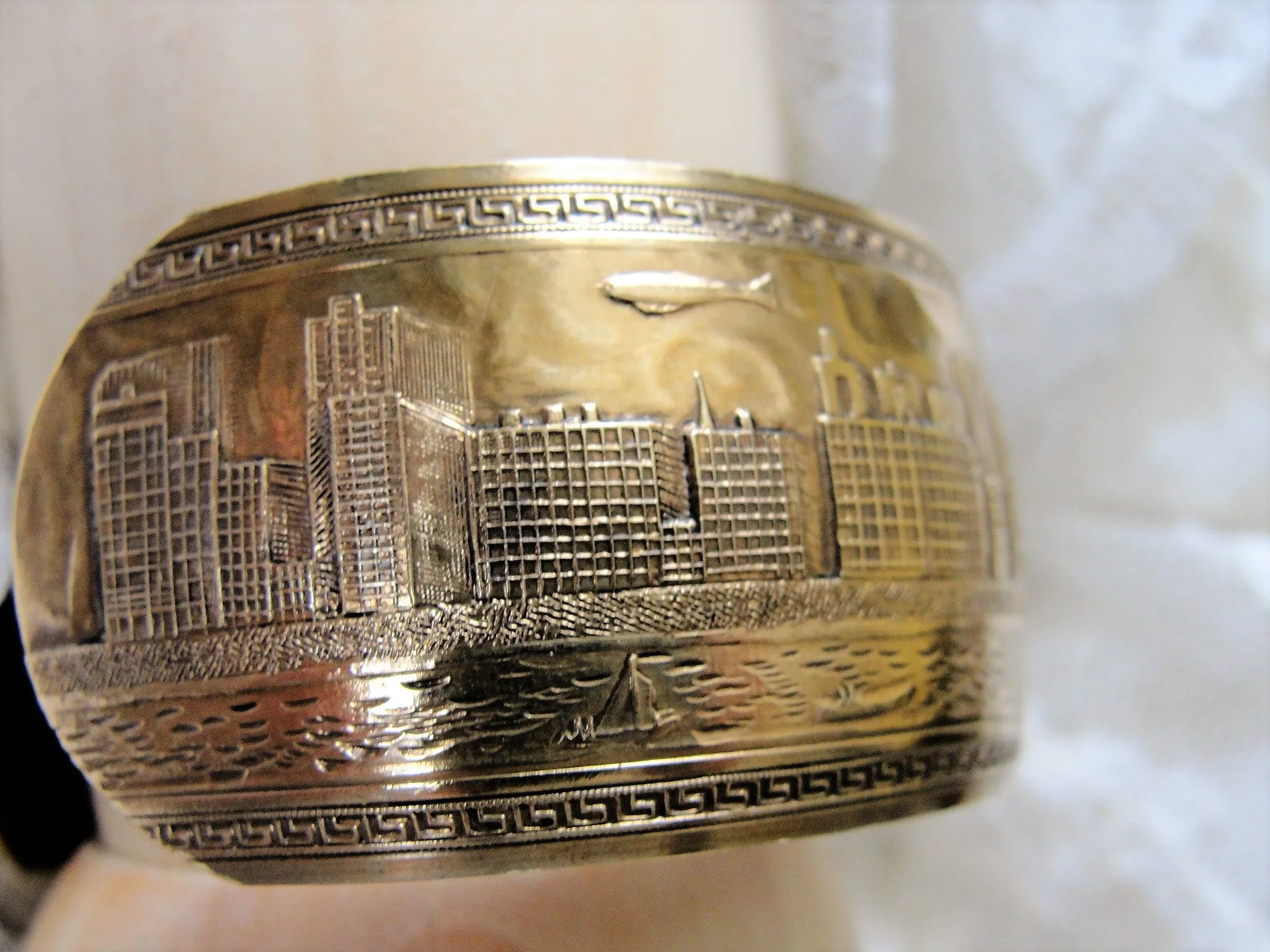 FABULOUS Art Deco Chicago Worlds Fair 1933 Cuff Bracelet,Deco Engraved Skyline, Zeppelins Blimps, A  Century of Progress Souvenir,Collectible