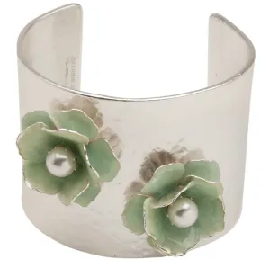 Flower Silver Textured Cuff