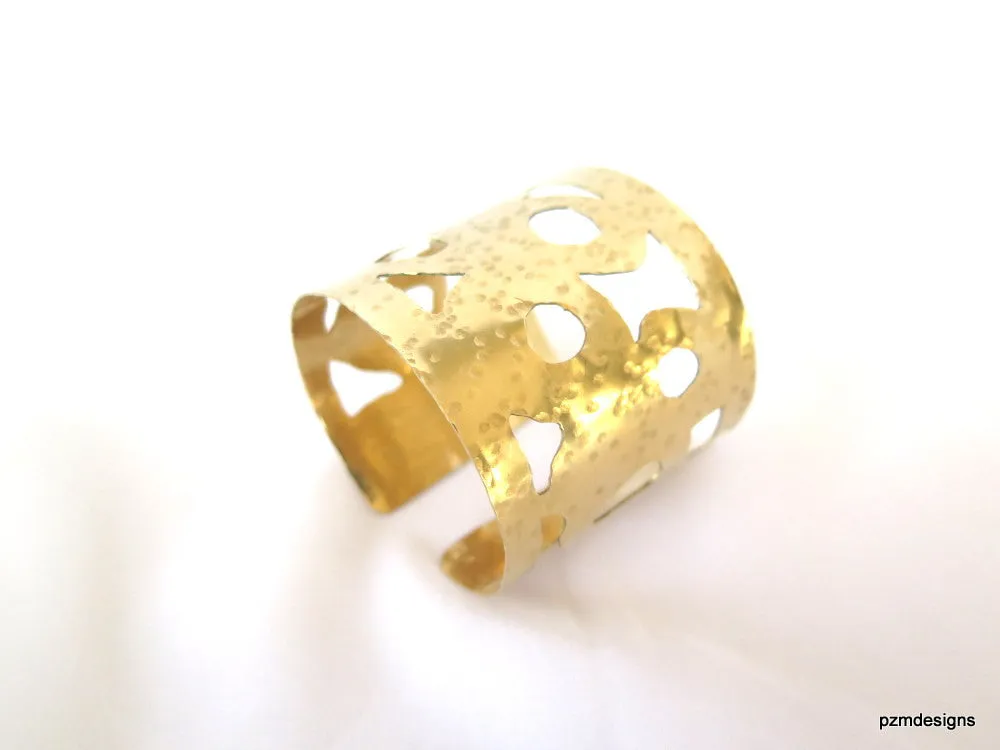 Gold open work cuff, artisan brass armband with cut outs, hammered pierce work brass wrist cuff