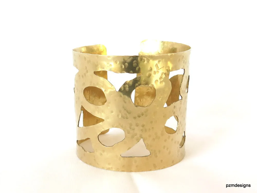 Gold open work cuff, artisan brass armband with cut outs, hammered pierce work brass wrist cuff