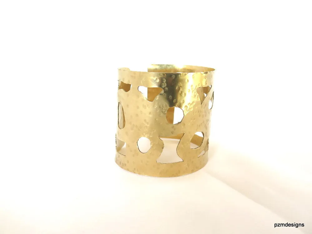 Gold open work cuff, artisan brass armband with cut outs, hammered pierce work brass wrist cuff