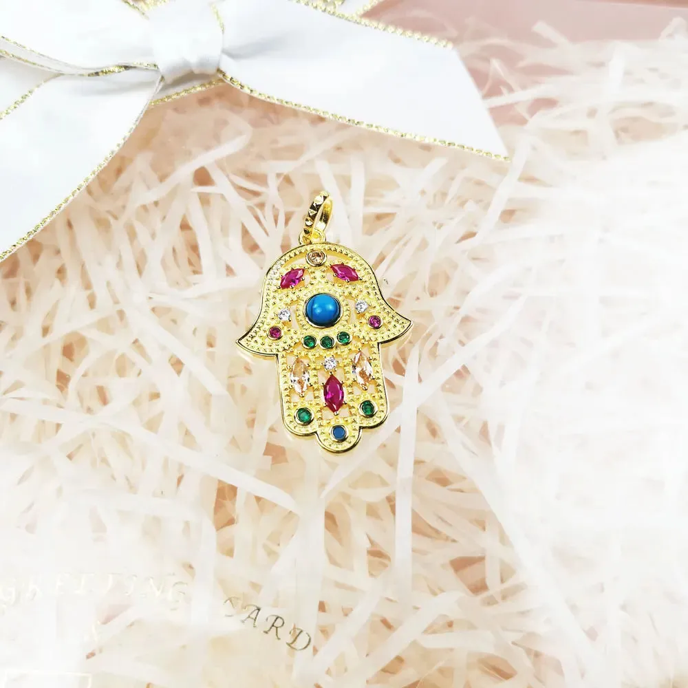 Hand of Fatima Pendant 925 Sterling Silver Gold Zircon