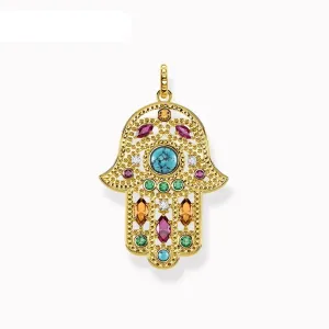 Hand of Fatima Pendant 925 Sterling Silver Gold Zircon