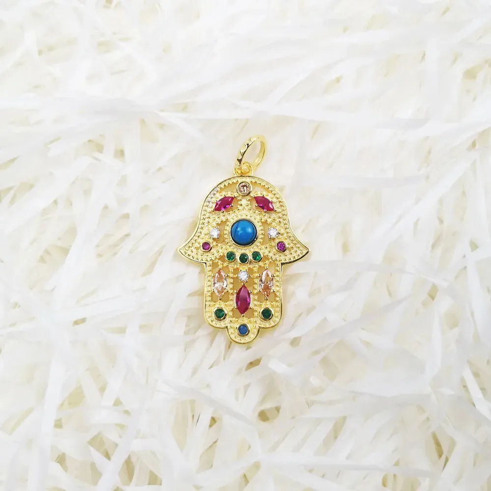 Hand of Fatima Pendant 925 Sterling Silver Gold Zircon