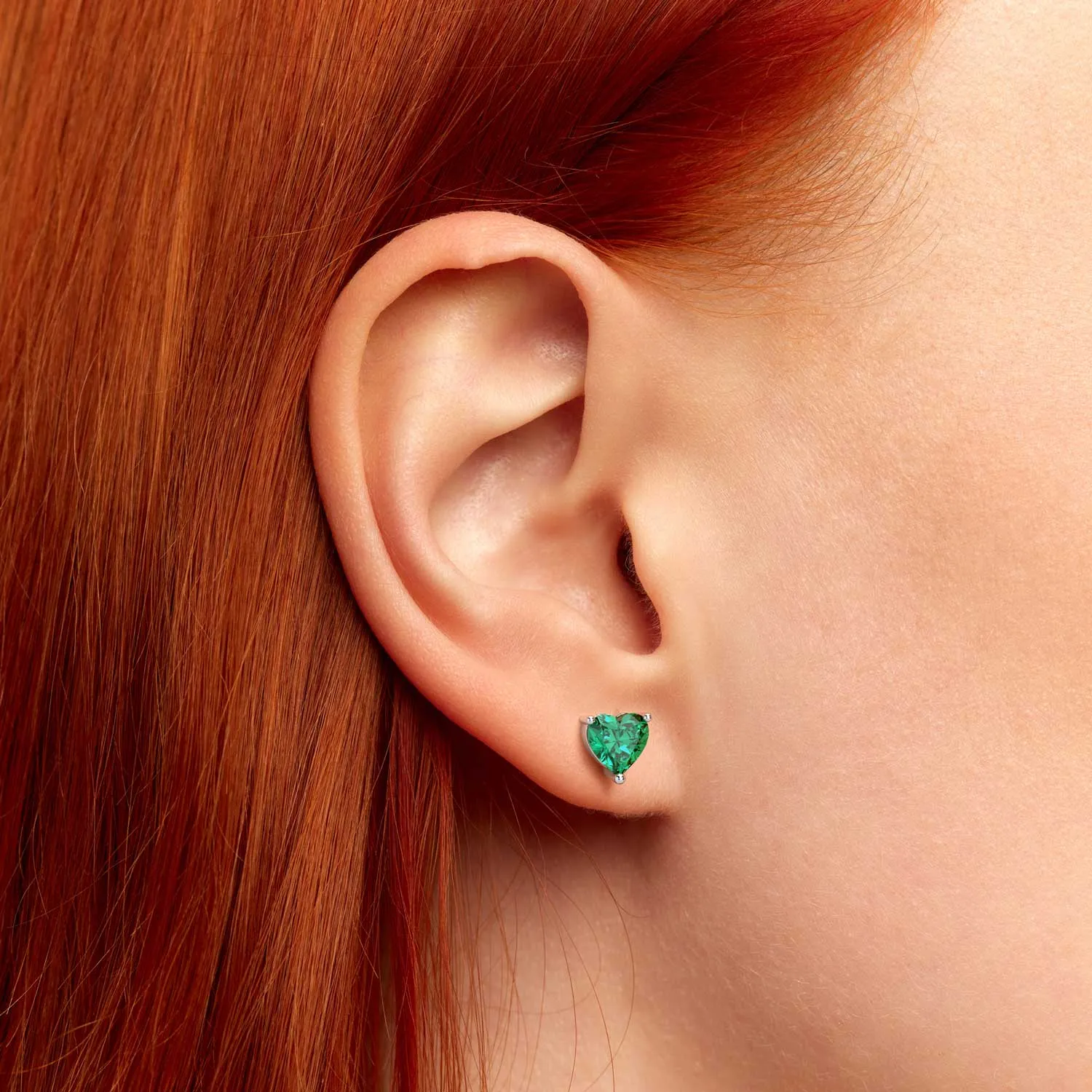 Heart Shape Stud Earrings in Sterling Silver -  Emerald