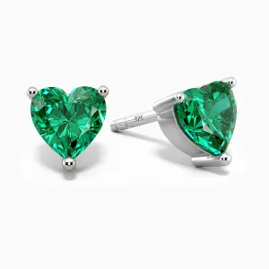 Heart Shape Stud Earrings in Sterling Silver -  Emerald