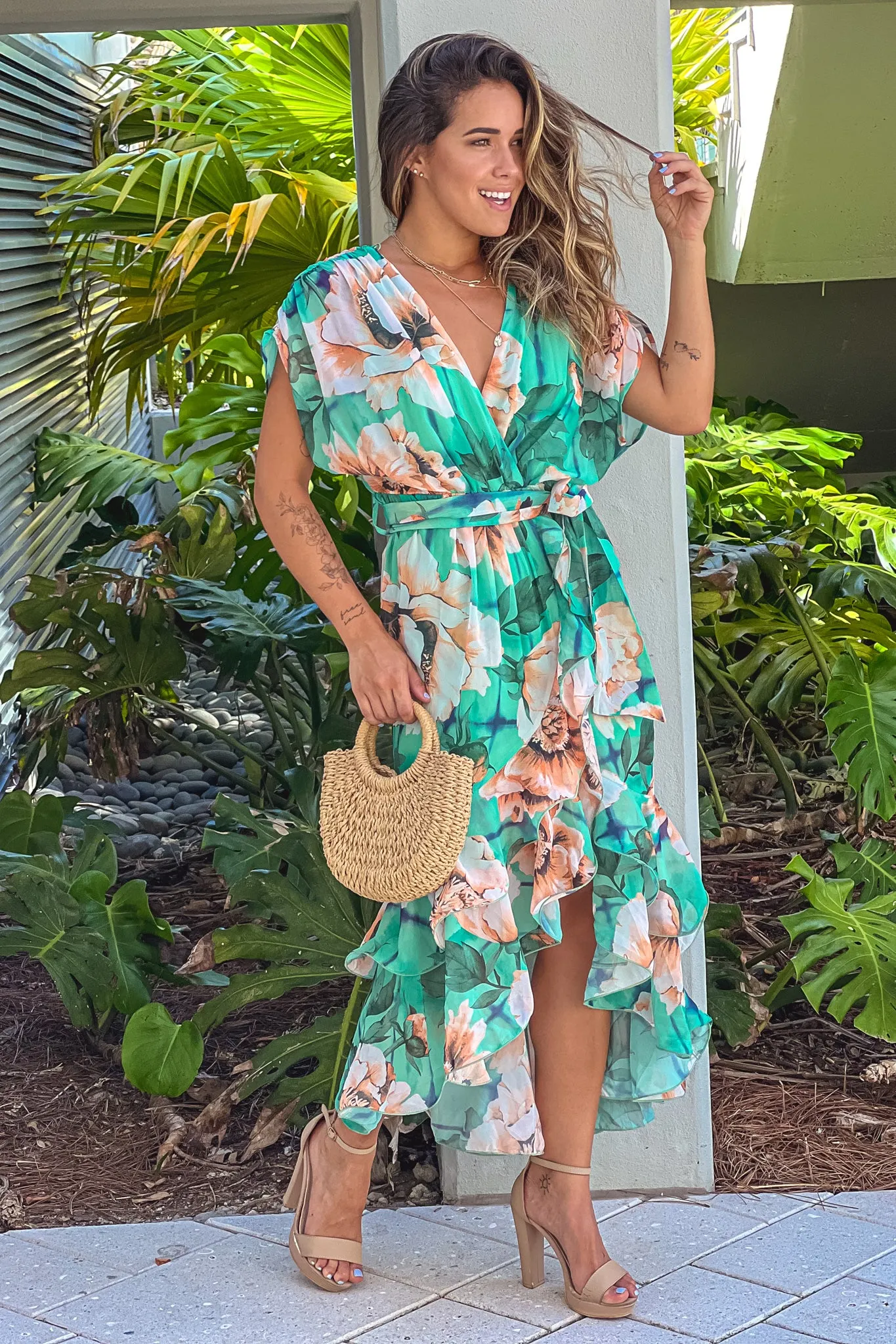 Jade Floral Ruffled High Low Dress