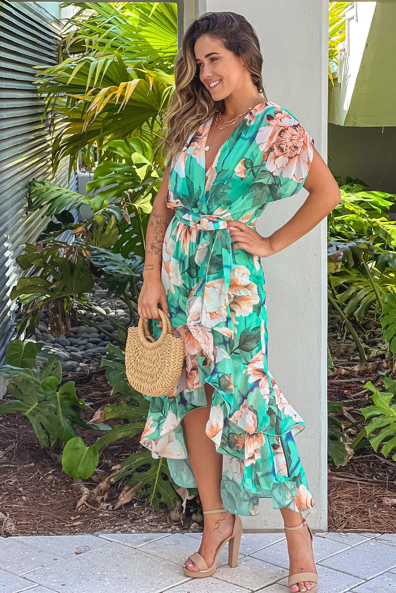 Jade Floral Ruffled High Low Dress