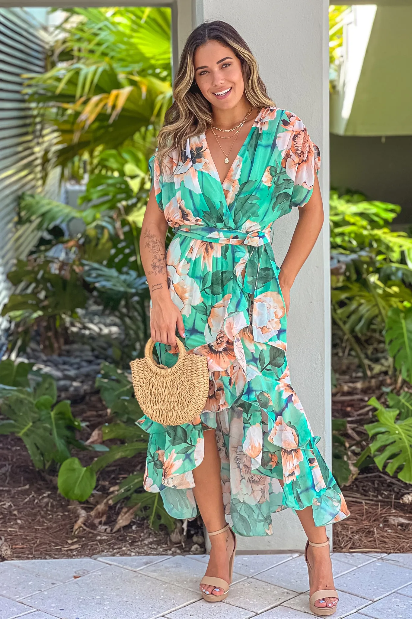 Jade Floral Ruffled High Low Dress