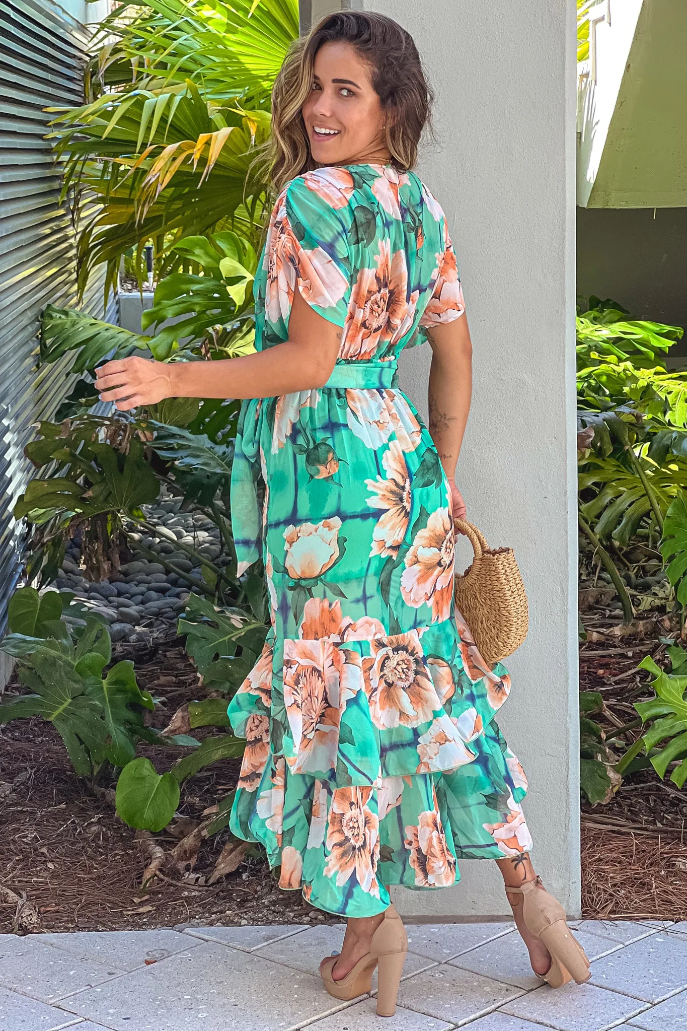 Jade Floral Ruffled High Low Dress