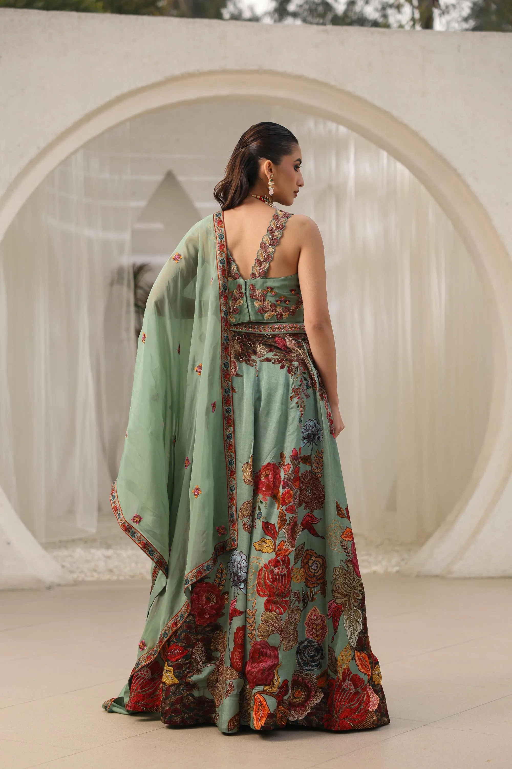 Jade Green Floral Printed Premium Organza Silk Lehenga Set