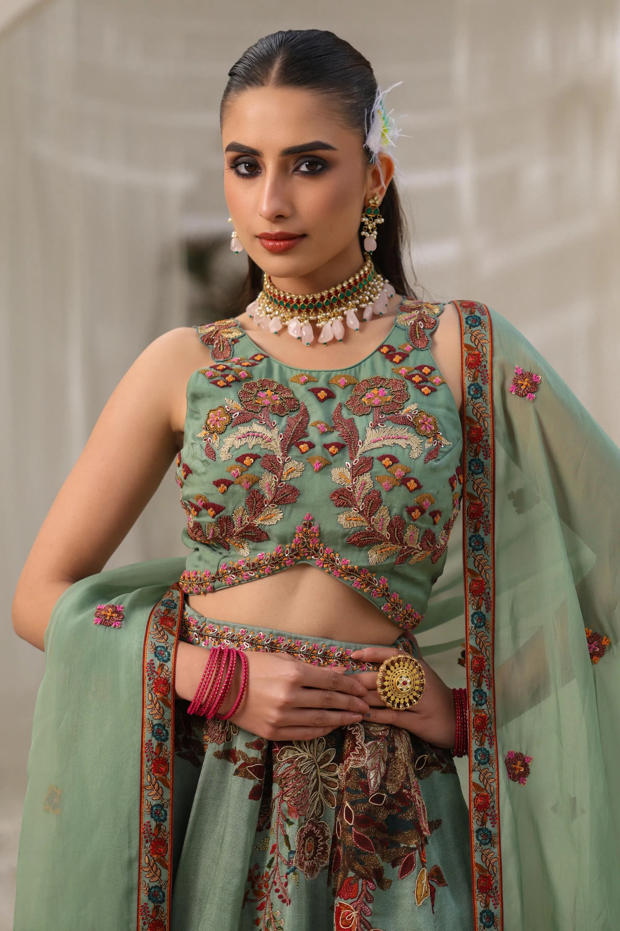 Jade Green Floral Printed Premium Organza Silk Lehenga Set