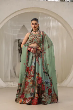 Jade Green Floral Printed Premium Organza Silk Lehenga Set