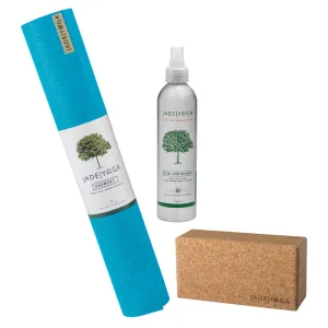 Jade Yoga Harmony Mat - Sky Blue & Jade Yoga Cork Yoga Block - Small   Jade Yoga Plant Based Mat Wash - 8 oz Starter Kit