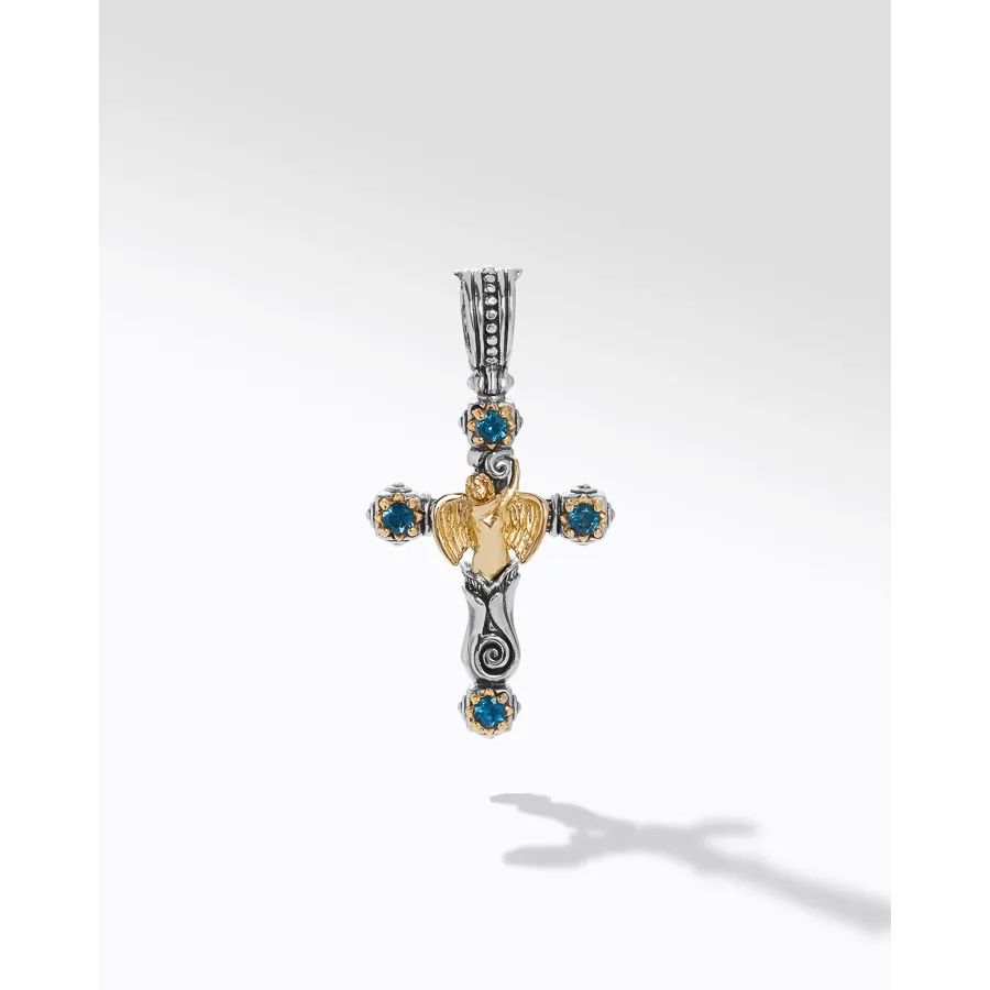 Konstantino Angelic Silver and 18K Gold London Blue Topaz Angel Cross Pendant