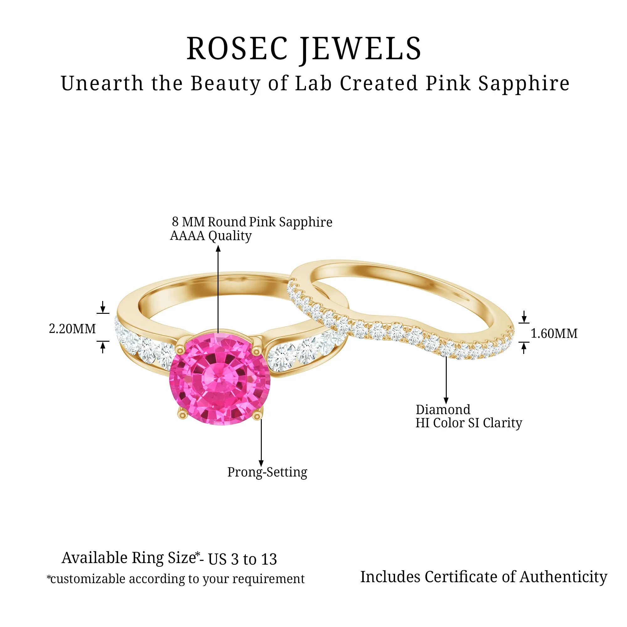 Lab Grown Pink Sapphire and Moissanite Solitaire Bridal Ring Set