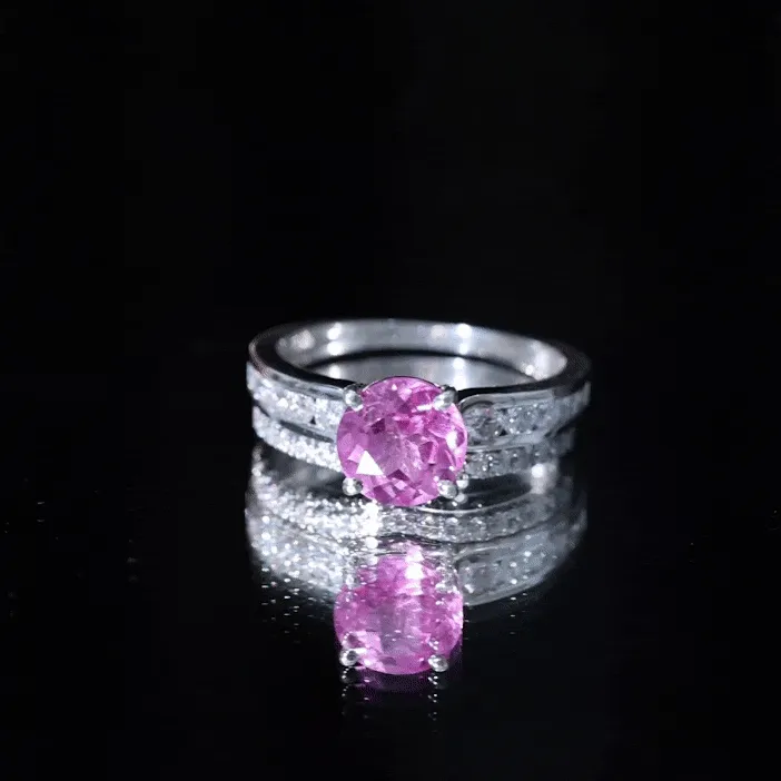 Lab Grown Pink Sapphire and Moissanite Solitaire Bridal Ring Set