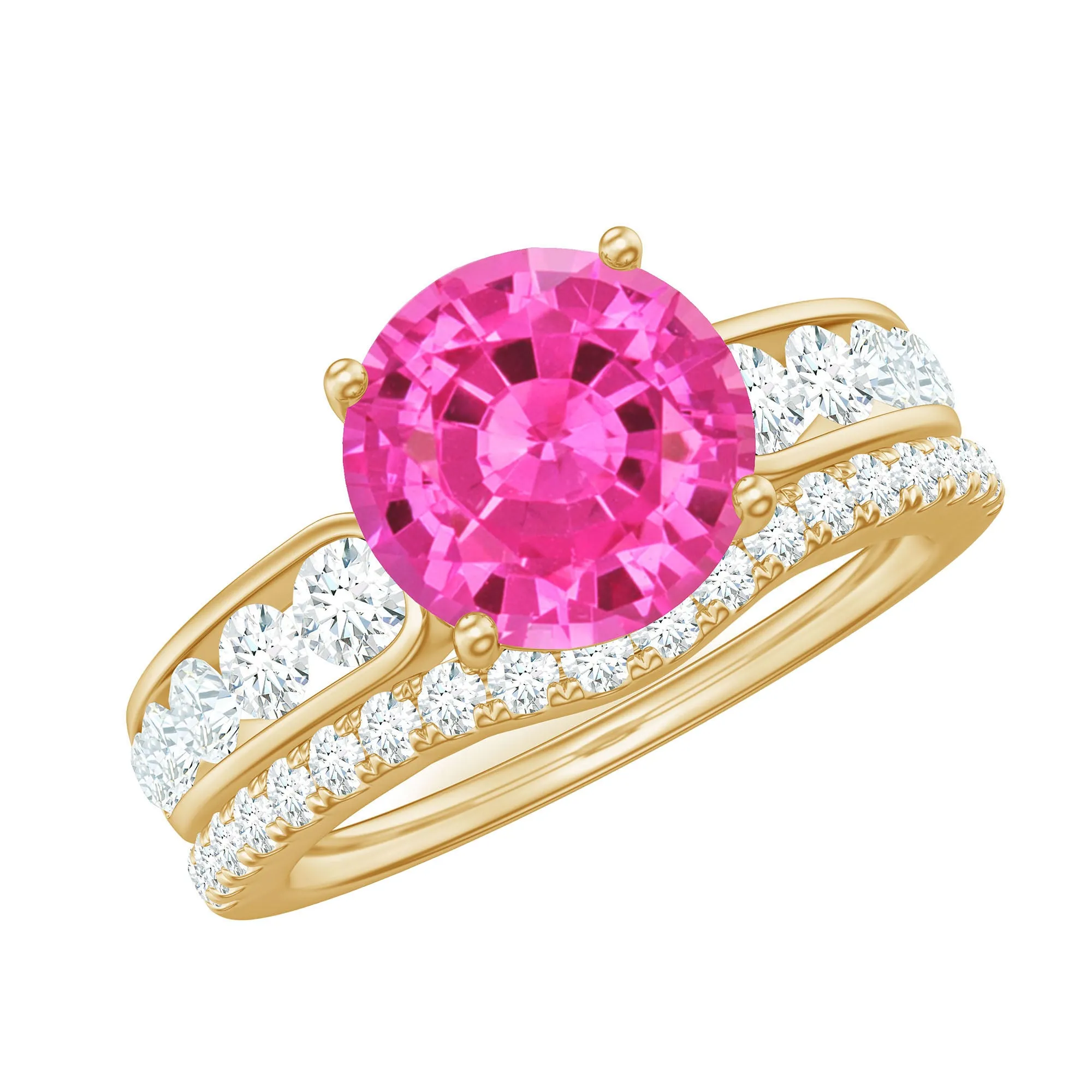 Lab Grown Pink Sapphire and Moissanite Solitaire Bridal Ring Set