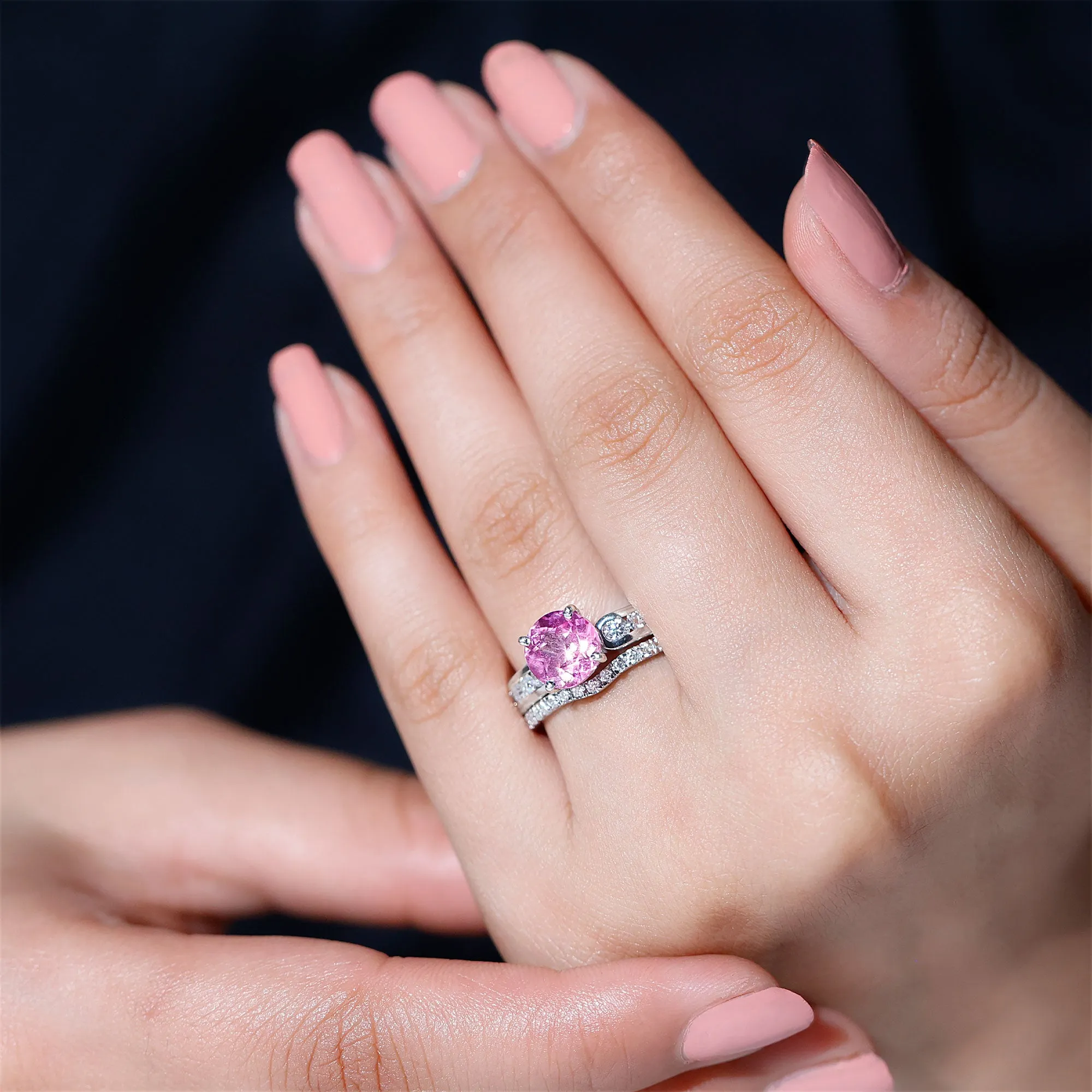 Lab Grown Pink Sapphire and Moissanite Solitaire Bridal Ring Set