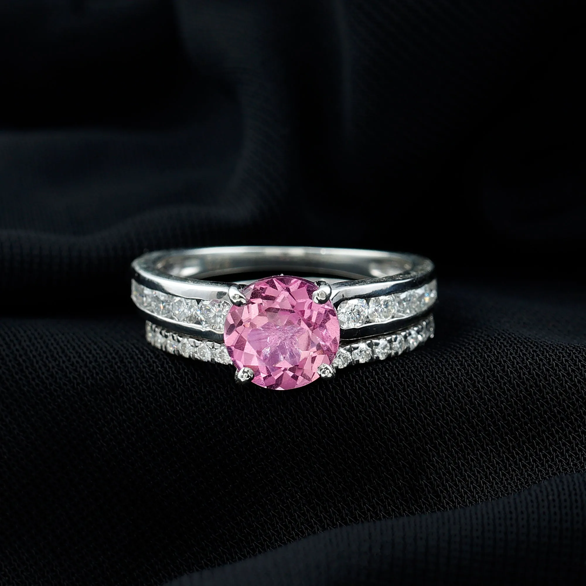 Lab Grown Pink Sapphire and Moissanite Solitaire Bridal Ring Set