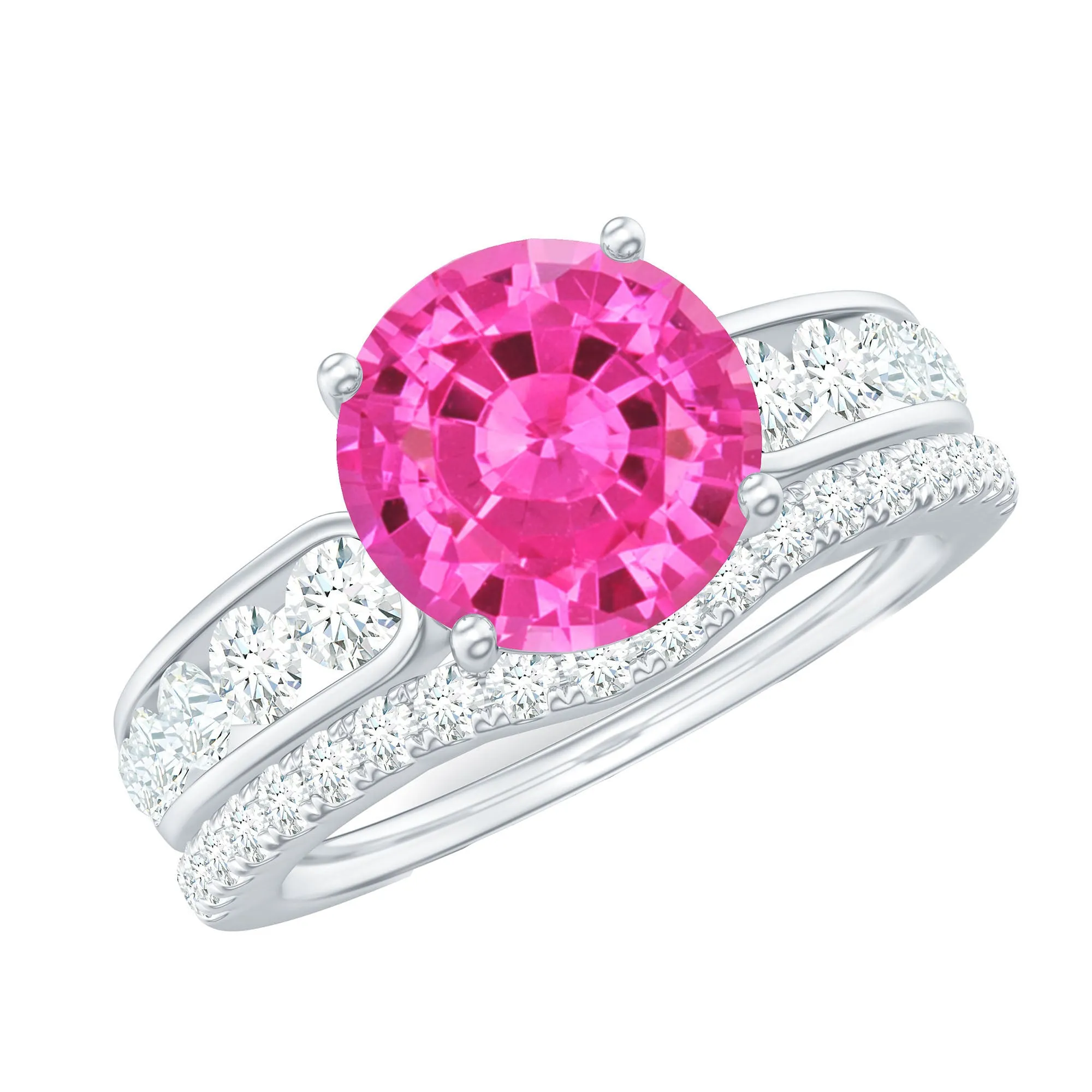 Lab Grown Pink Sapphire and Moissanite Solitaire Bridal Ring Set