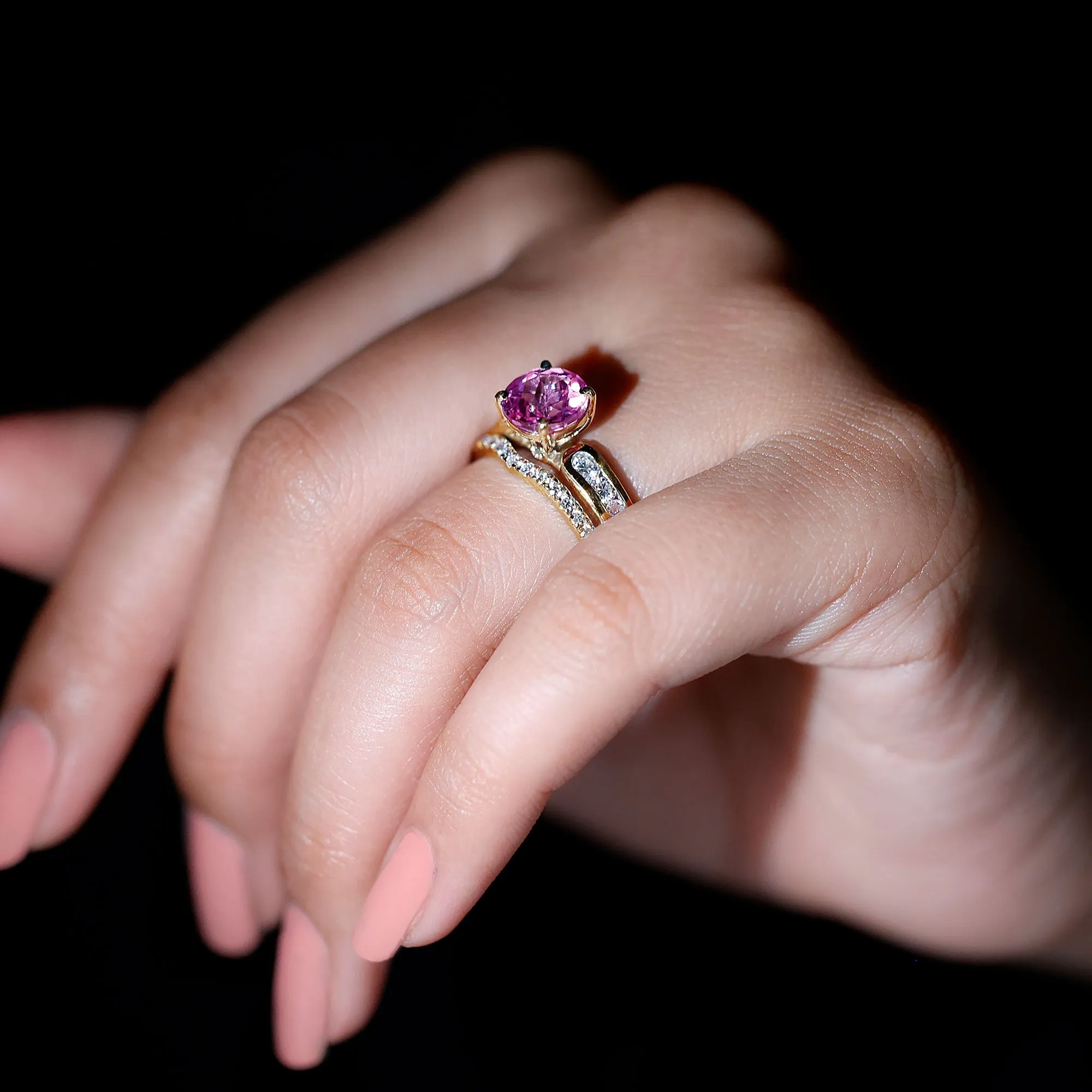 Lab Grown Pink Sapphire and Moissanite Solitaire Bridal Ring Set