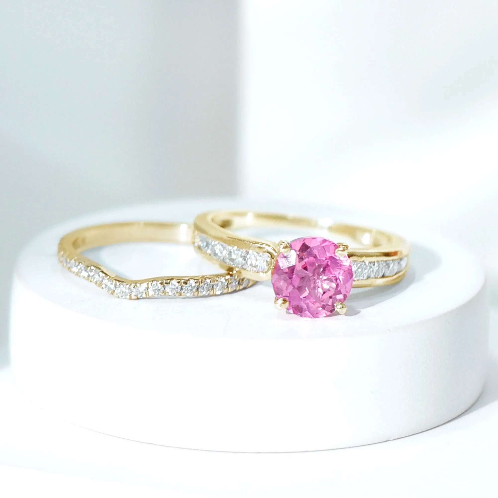 Lab Grown Pink Sapphire and Moissanite Solitaire Bridal Ring Set