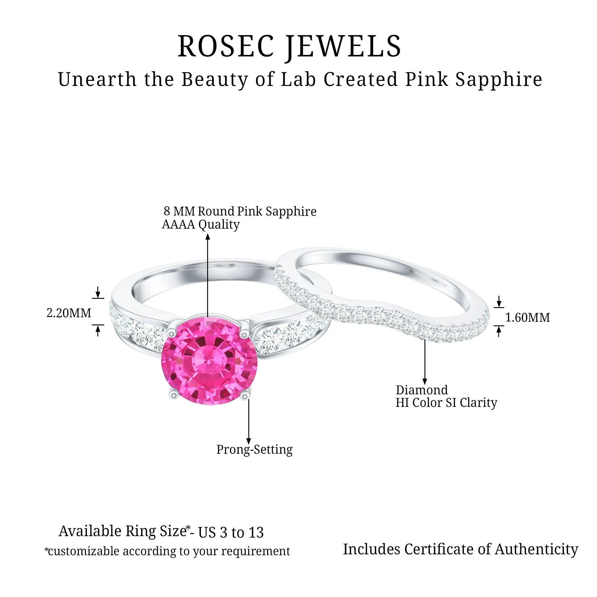 Lab Grown Pink Sapphire and Moissanite Solitaire Bridal Ring Set