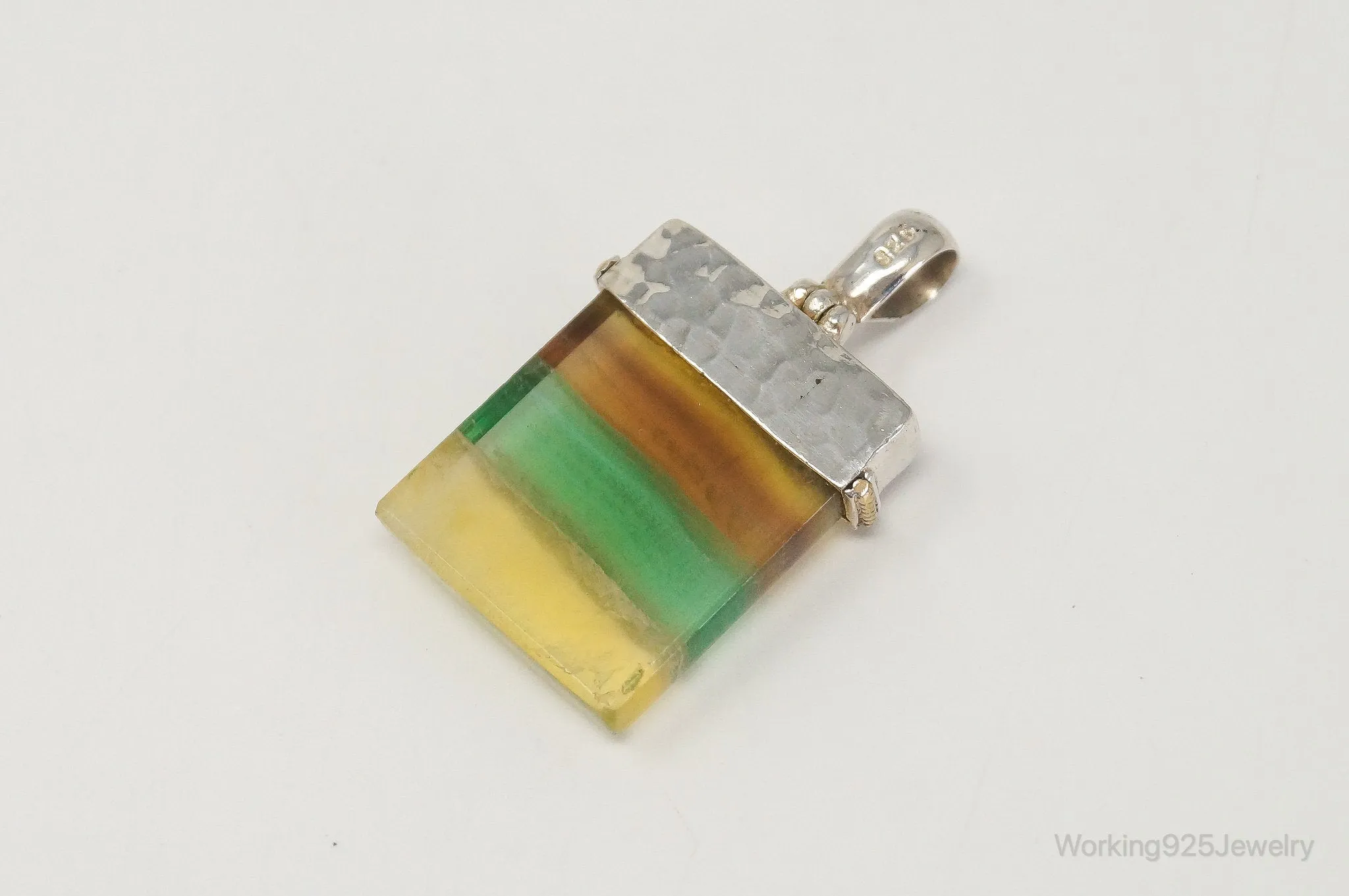 Large Green Yellow Brown Gemstone Gold Vermeil Sterling Silver Pendant