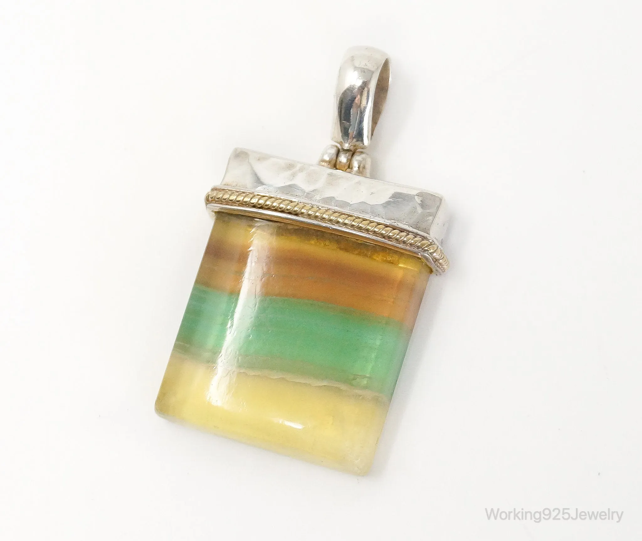 Large Green Yellow Brown Gemstone Gold Vermeil Sterling Silver Pendant