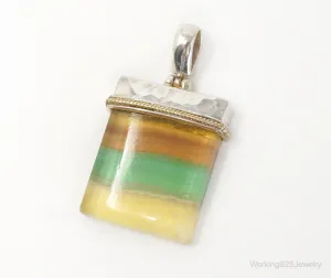 Large Green Yellow Brown Gemstone Gold Vermeil Sterling Silver Pendant