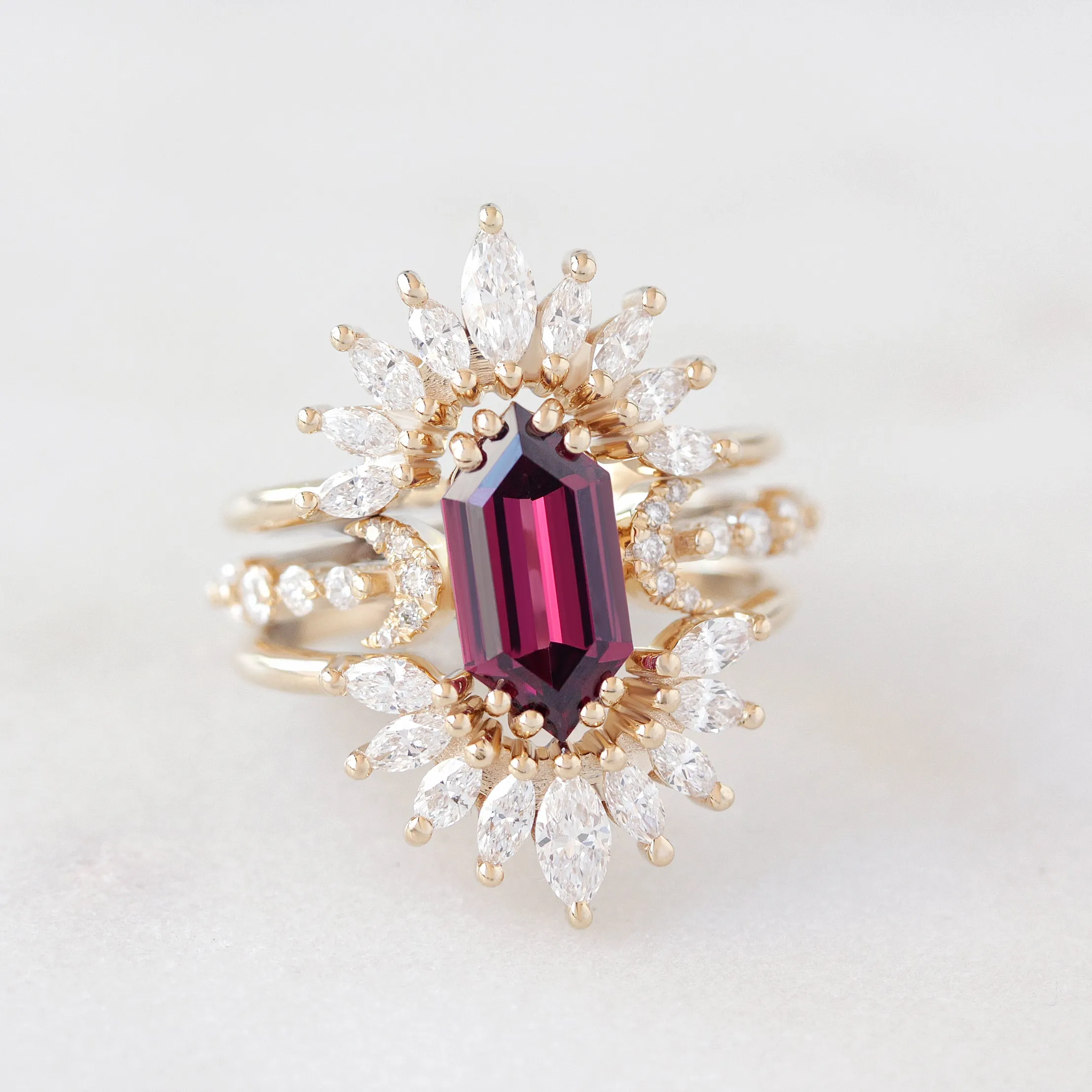 Long hexagon Rhodolite and Sunburst Nesting rings diamonds three ring set