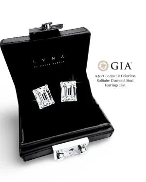 #LVNA2024 | 0.50ct / 0.50ct D Colorless Emerald Solitaire Diamond Earrings 18kt GIA Certified