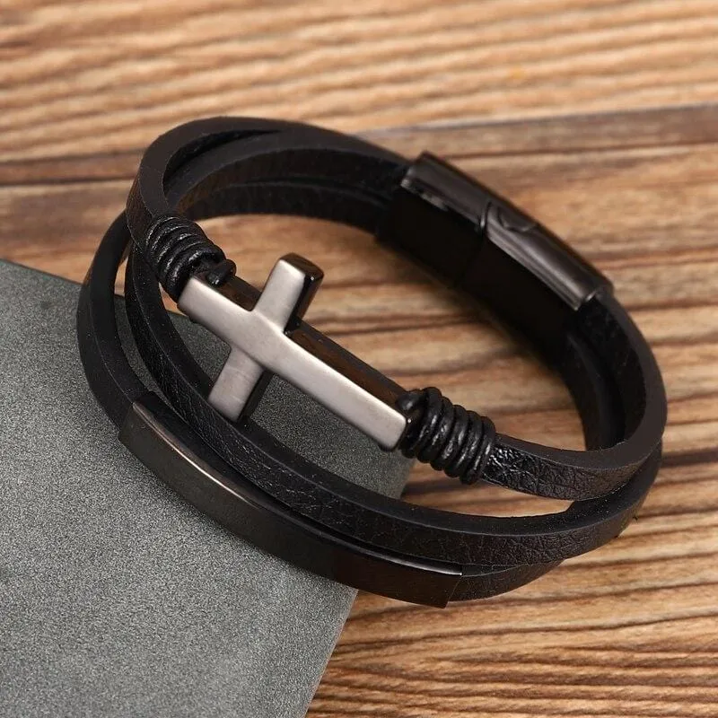 Men's Cross Bracelet <br> Leather Cuff