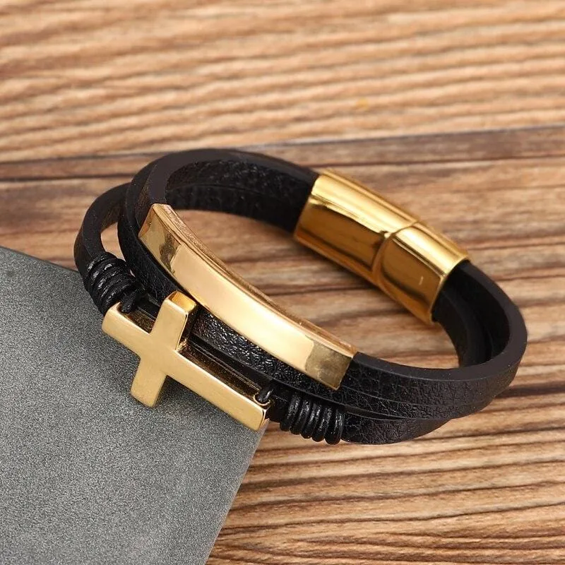 Men's Cross Bracelet <br> Leather Cuff