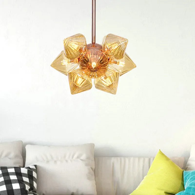 Modern Amber Glass Pyramid Chandelier Lamp - 9/12 Bulb Pendant Lighting Fixture for Living Room