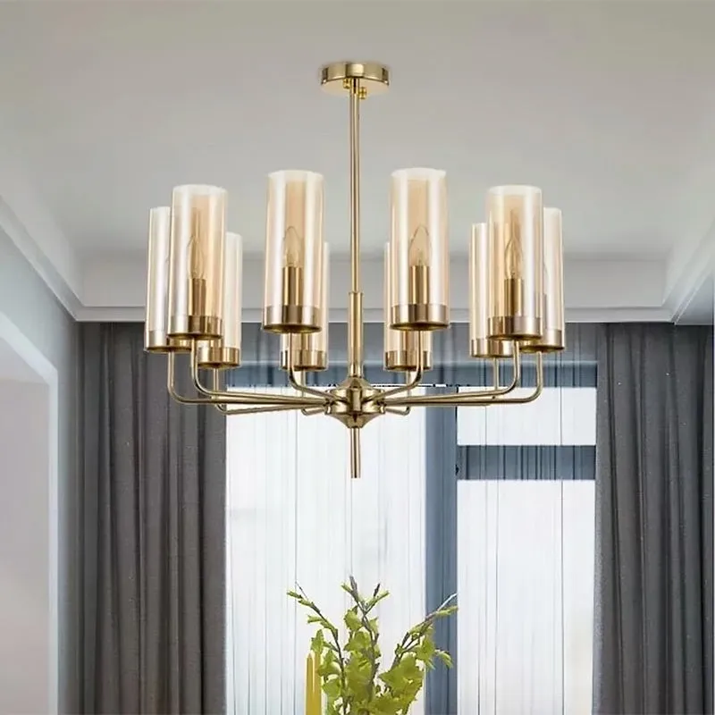 Modern Cylinder Chandelier: Blue/Amber Glass Lights in Gold for Living Room